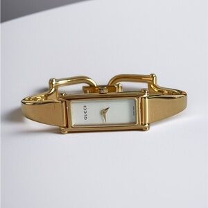 Vintage Gucci Gold-Tone Rectangular Bangle Watch Mother of Pearl Dial